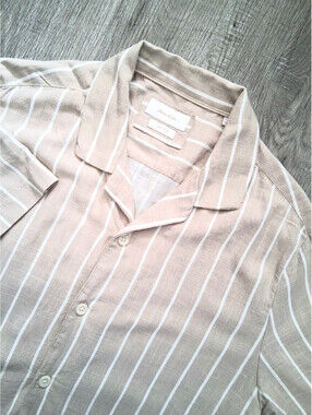 Porter & Ash Men's Lg Linen Blend Beige Striped Breathable Short Sleeve Shirt